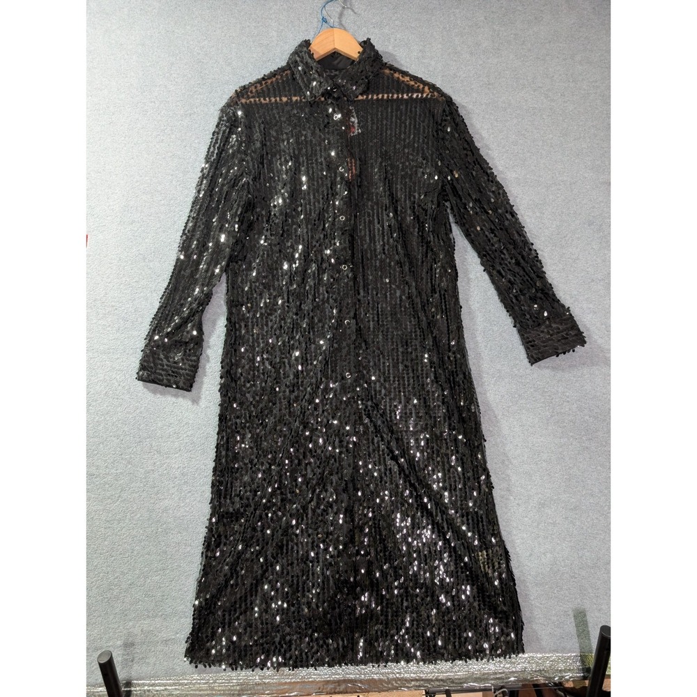 Spoon Jeans Black Sequin Midi Dress Medium Sheer Glam Party Goth NWT